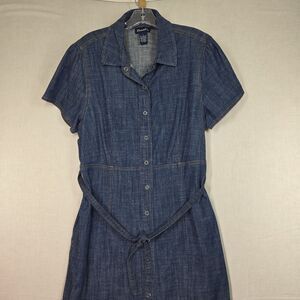 Denim & Co Snap-Front Denim Shirt Dress Tie Belt Size Large Midi Pockets Casual